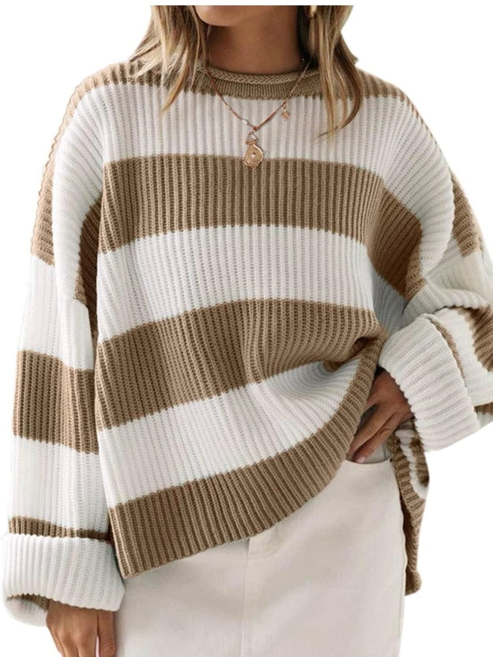 Striped Crewneck Sweater in Cream and Tan